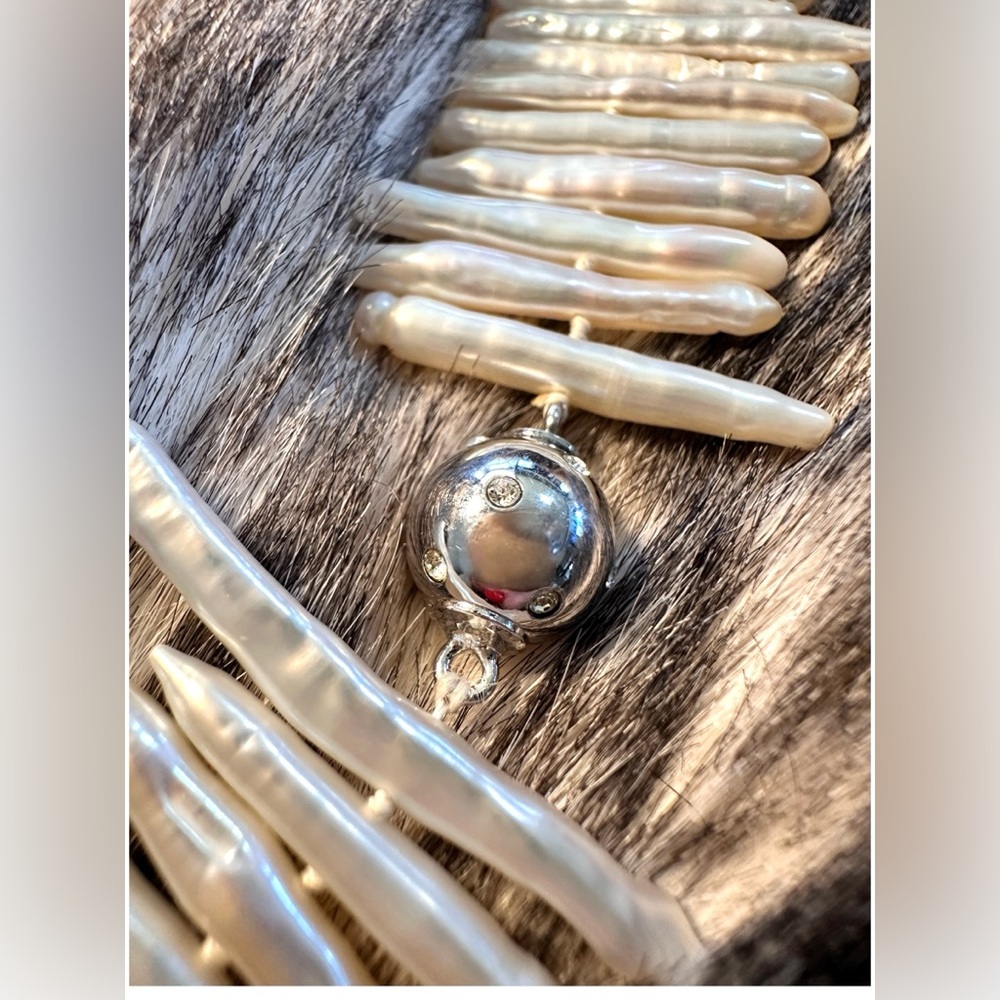 Baroque Knotted Fresh Water Stick Pearl Choker & Pavé Diamond Clasp
